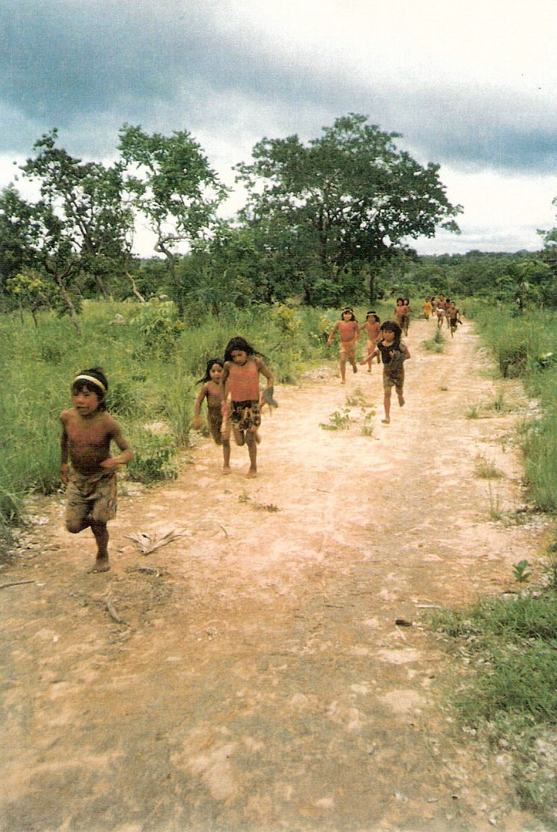 crianças participando de corrida de toras